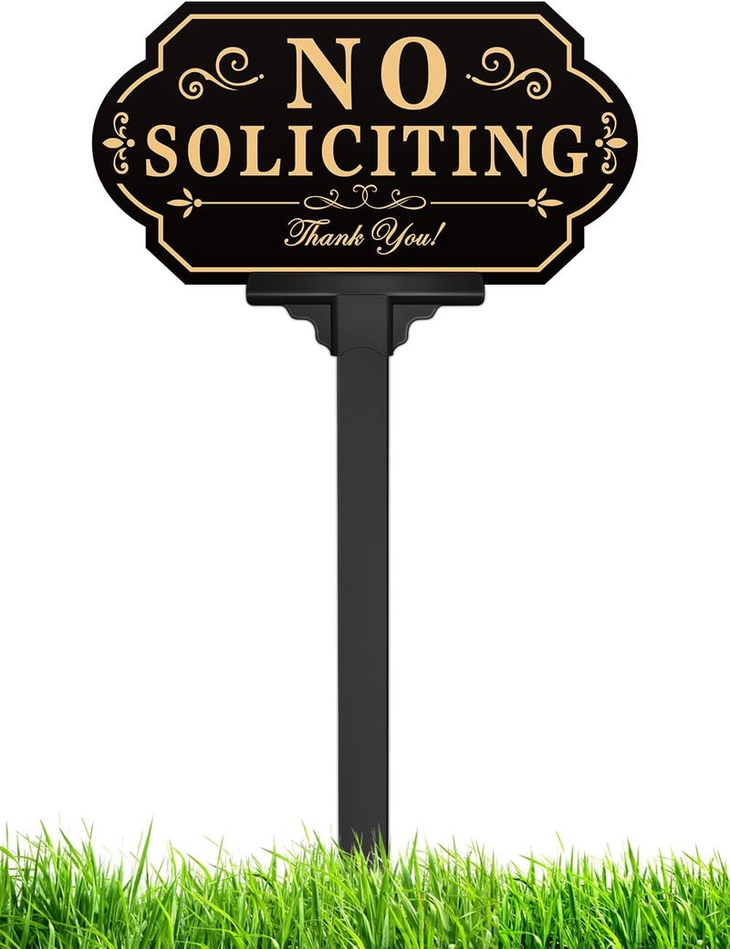 multiwins No Soliciting Sign for House with Stake - Adjustable Height - 12.7 x 6.6 Inch/36 Inch High - 50-mil Thick Aluminum -Metal No Soliciting Yard Sign for Home/Front Door and Business (Gold) - Image 1
